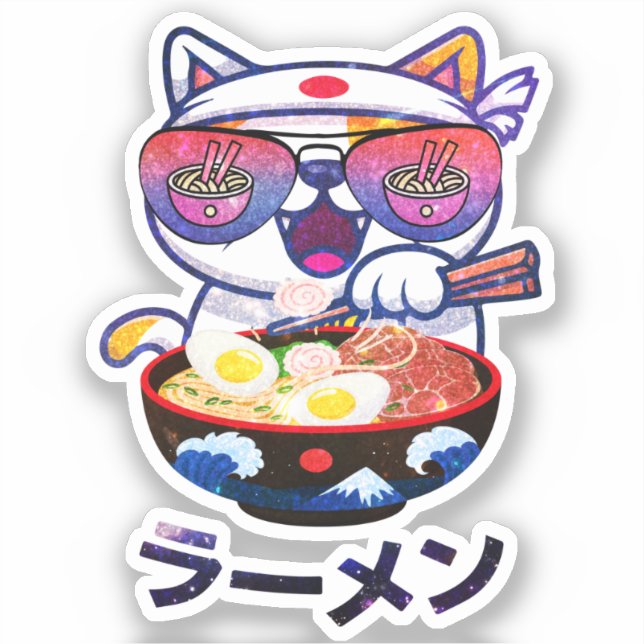 Sticker Kawaii Chat Manger Des nouilles Ramen (Recto)