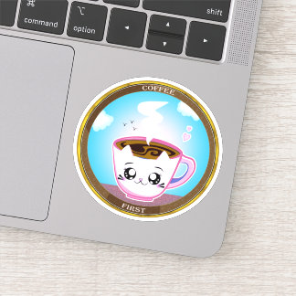 Sticker Kawaii chat rose Coupe de café. Café d'abord