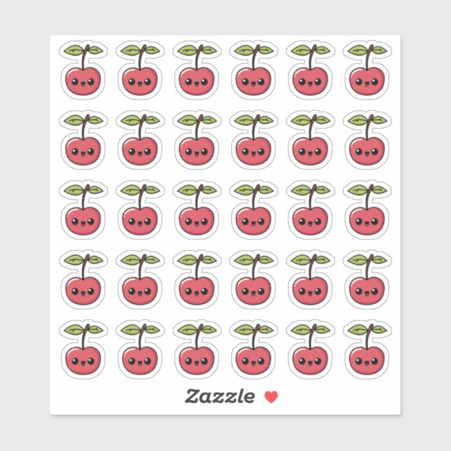 Sticker Kawaii Cherry – Fruit Mignon avec Visage Sourire (Feuille)