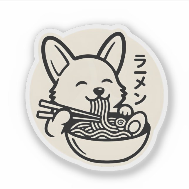 Sticker Kawaii Corgi Mangeant des Nouilles Ramen Noir et C (Devant)