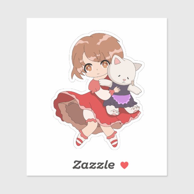 Sticker Kawaii fille avec Kitty Plush (Feuille)