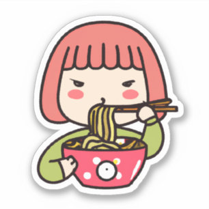 Sticker Kawaii Fille mangeant Ramen avec baguettes