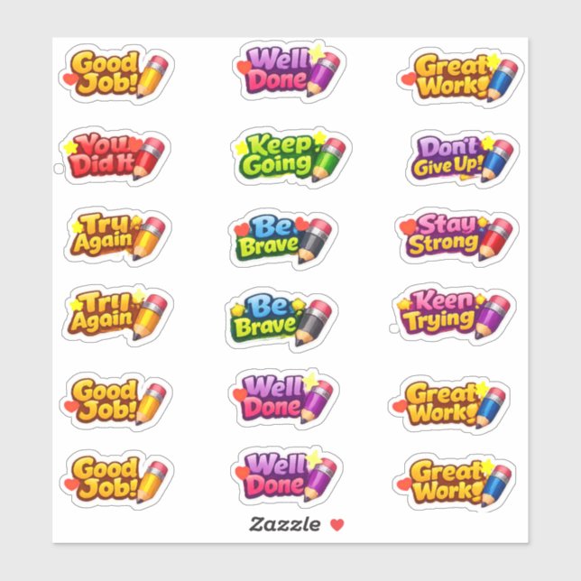 Sticker Kawaii Growth Mindset Phrases & Pencil Teacher (Feuille)