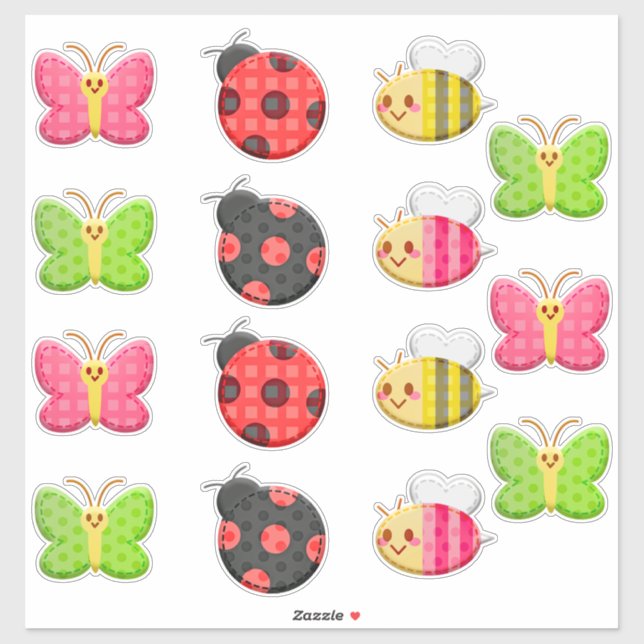 Sticker Kawaii Ladybug Butterfly Bumble Bee Insect (Feuille)