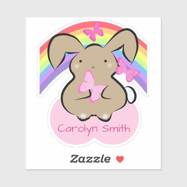 Sticker Kawaii lapin, papillons et arc-en-ciel personnalis (Feuille)