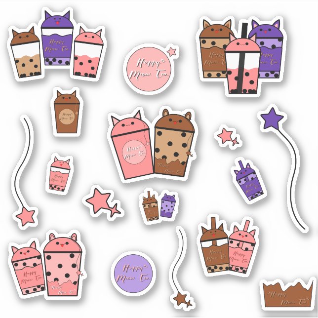 Sticker Kawaii Meow Tea Vinyl | Ensemble de 17 Sti (Devant)