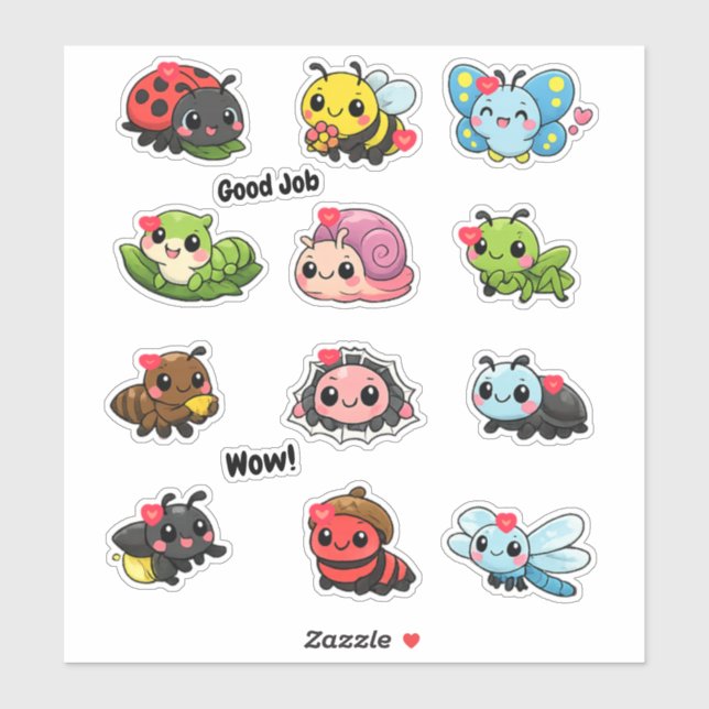Sticker Kawaii Mignons Insectes et Bestioles Récompense po (Feuille)