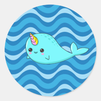 Sticker Kawaii Narwhal Blue Waves