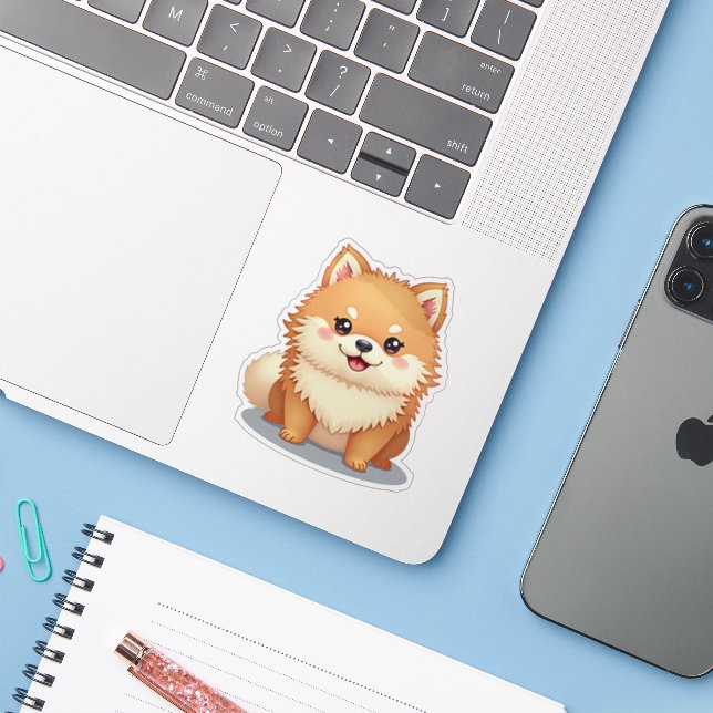 Sticker Kawaii Pomeranian, Charming Bow-Wow, Petit (Ordinateur portable avec iPhone)