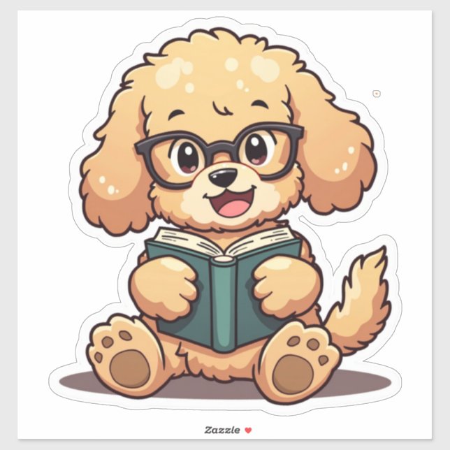 Sticker Kawaii Poodle Lire un livre (Feuille)