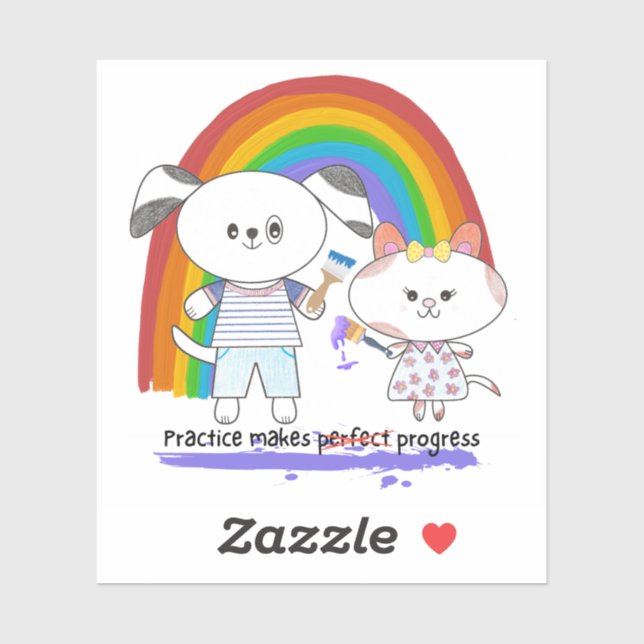 Sticker Kawaii pup & kitty Practice fait des progrès (Feuille)