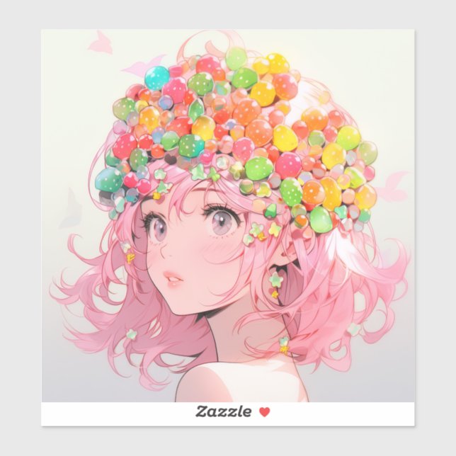 Sticker Kawaii Rainbow Pastel Candy Champagne Anime Girl (Feuille)
