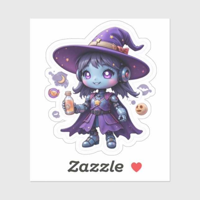 Sticker Kawaii Robot Witch Girl Vinyl Cute Tech Sorceress (Feuille)