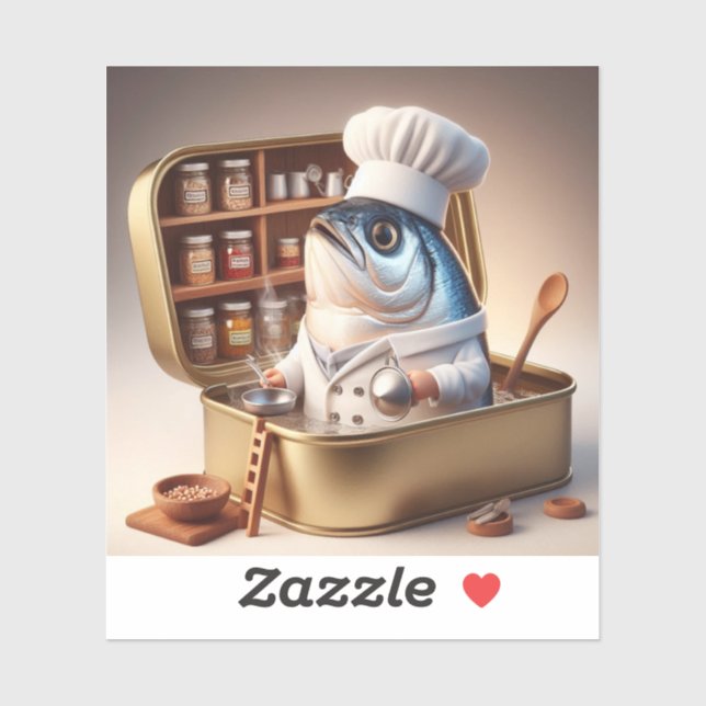 Sticker  Kawaii Sardine Chef Inside Tiny Kitchen (Feuille)