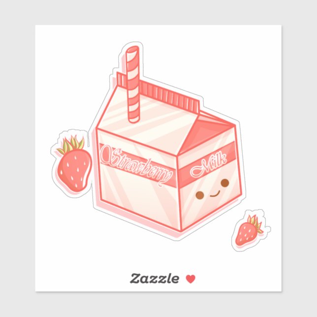 Sticker Kawaii Strawberry Milk Carton - Cute Aesthetic Art (Feuille)