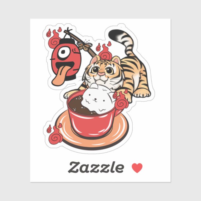 Sticker Kawaii Tiger et Chochin Obake Café (Feuille)