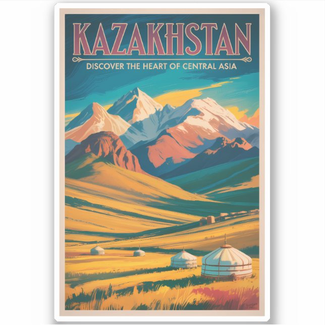 Sticker Kazakhstan Steppes Illustration Travel Art Vintage (Devant)