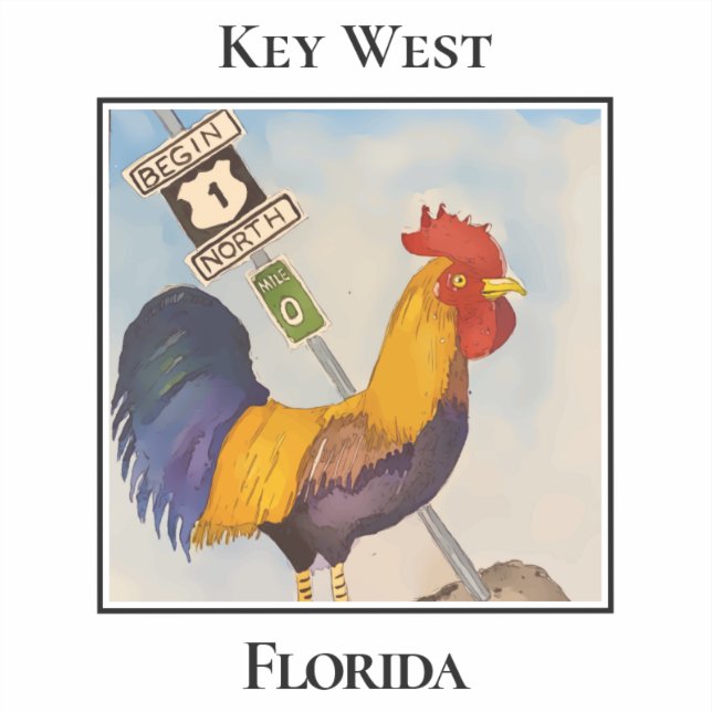 Sticker Key West, borne kilométrique 0, coq, Floride (Recto)