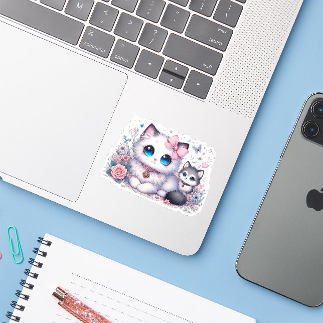 Sticker Kitten Cuteness Overload : Chat et chien aux yeux  (Ordinateur portable avec iPhone)