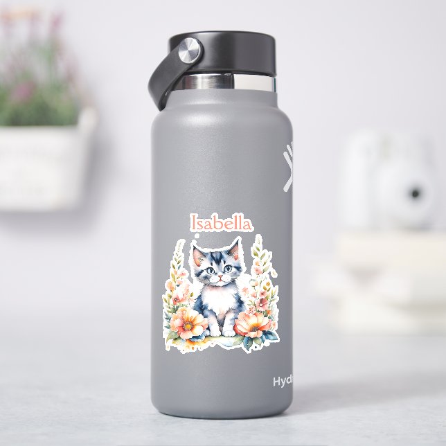 Sticker Kitten gris personnalisé en Fleurs roses (HydroFlask)