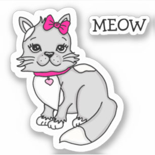 Sticker Kitten tacheté gris et blanc avec cabot rose