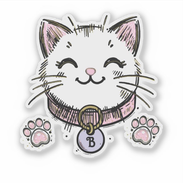 Sticker Kitty Chat Kitten Rose violet or fête d'anniversai (Devant)