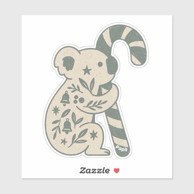 Sticker Koala de Noël avec Canne à Sucre (Feuille)