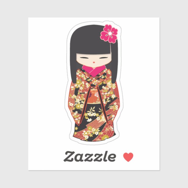 Sticker Kokeshi Doll Floral Kimono (Feuille)
