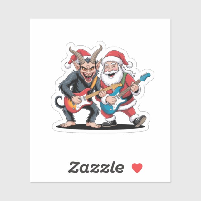Sticker Krampus et Père Noël Jouer à la guitare électrique (Feuille)