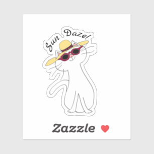 Sticker Kute Kitty Chat blanc, Casquette paille, Lunettes 