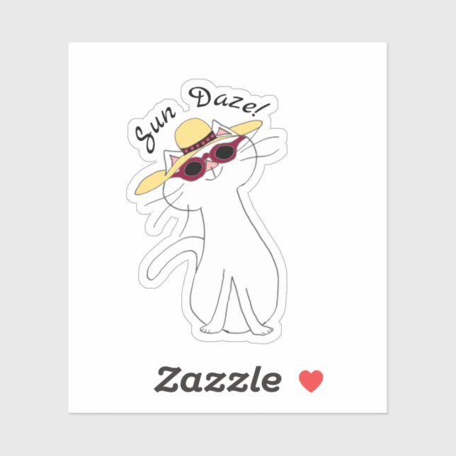 Sticker Kute Kitty Chat blanc, Casquette paille, Lunettes  (Feuille)