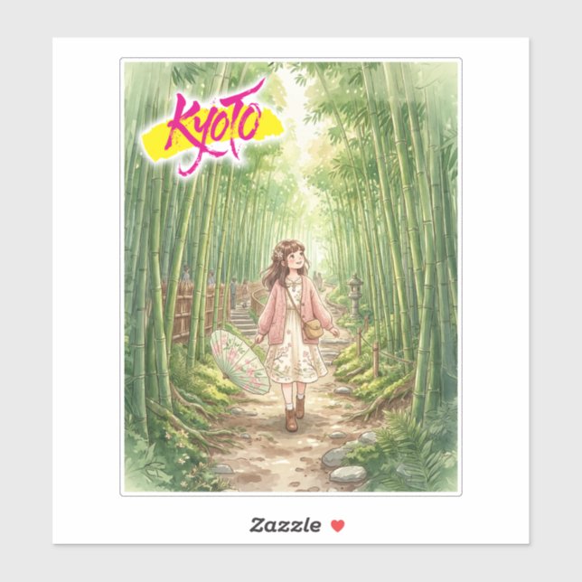 Sticker Kyoto, Arashiyama, Bamboo Grove Path, Watercolor (Feuille)