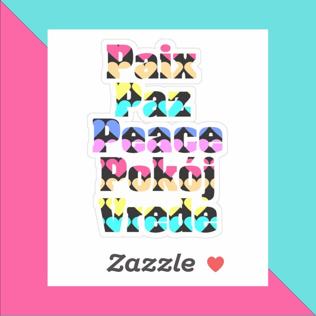 Sticker La paix dans les langues étrangères Coeurs lumineu (A sticker that says peace with a colorful heart pattern)