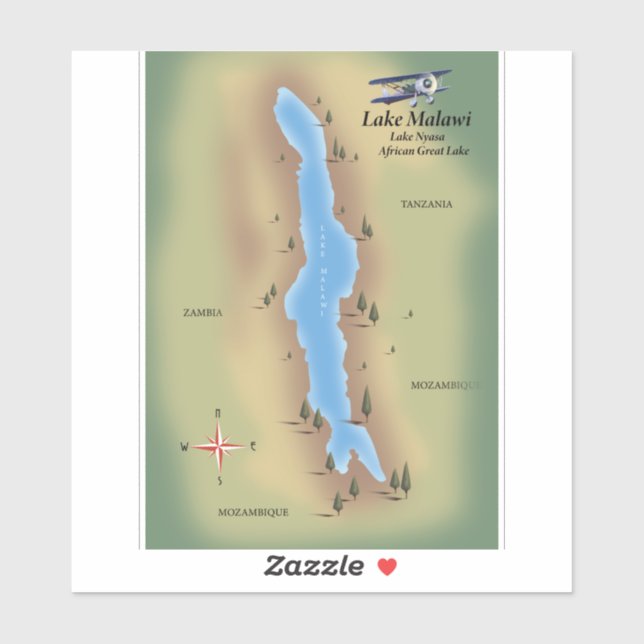 Sticker Lac Malawi, carte de voyage affiche impression (Feuille)