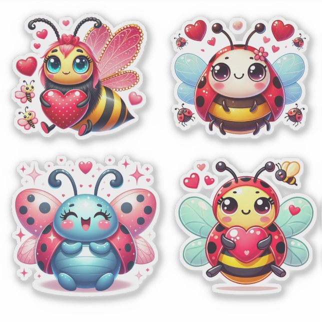 Sticker Lady Bugs Et Abeille Valentine (Devant)