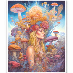 Sticker Lady Et Champignons Surreal Imaginaire Art