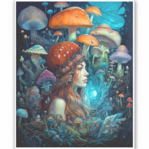 Sticker Lady Et Champignons Surreal Imaginaire Art