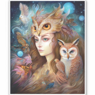 Sticker Lady With Owl Surreal Imaginaire Art