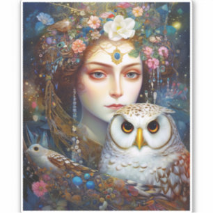 Sticker Lady With Owl Surreal Imaginaire Art
