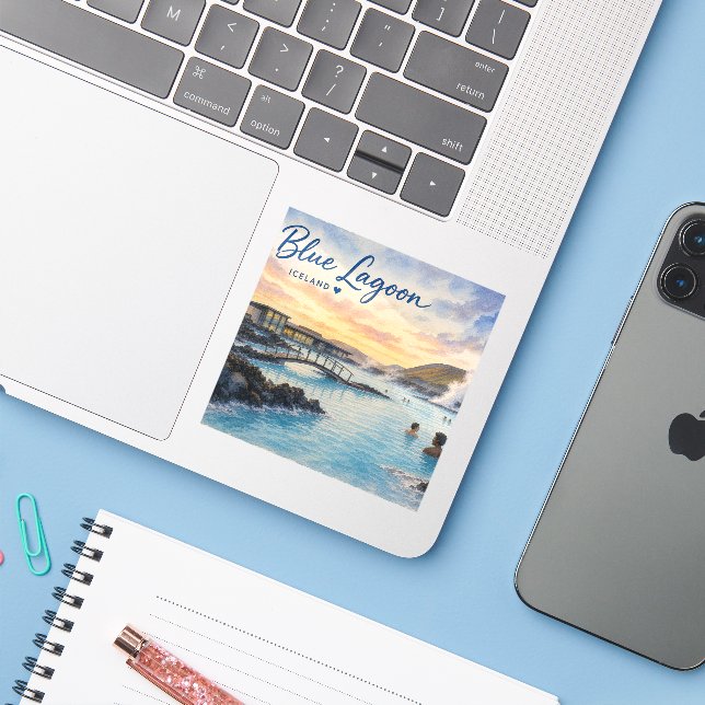 Sticker Lagon bleu Islande bain thermal aquarelle  (Ordinateur portable avec iPhone)