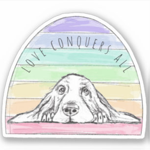 Sticker l'amour conquiert tout chien arc-en-ciel basset ho