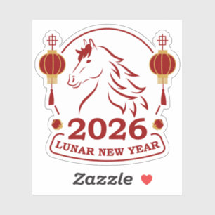 Sticker Lanterne Rouge Or Cheval Emblème du Nouvel An Luna