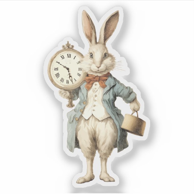 Sticker Lapin Blanc Rétro Avec Montre de Goût (Devant)