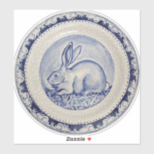 Sticker Lapin Bunny Delft Dedham Rond Bleu Et Blanc