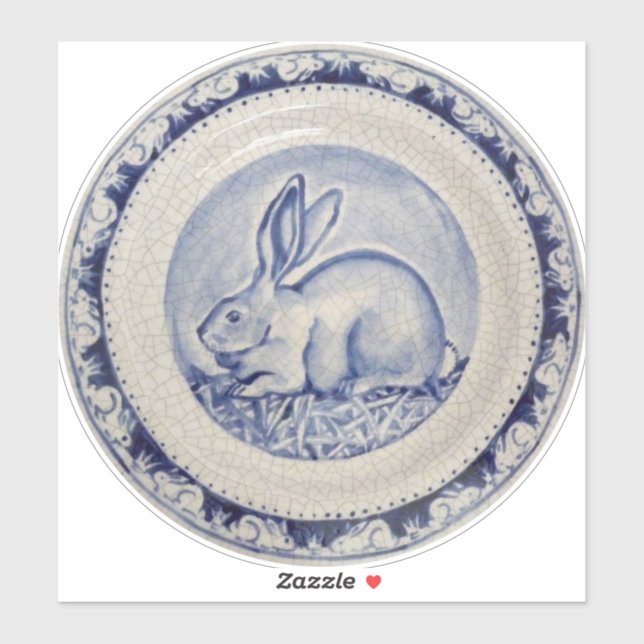 Sticker Lapin Bunny Delft Dedham Rond Bleu Et Blanc (Feuille)