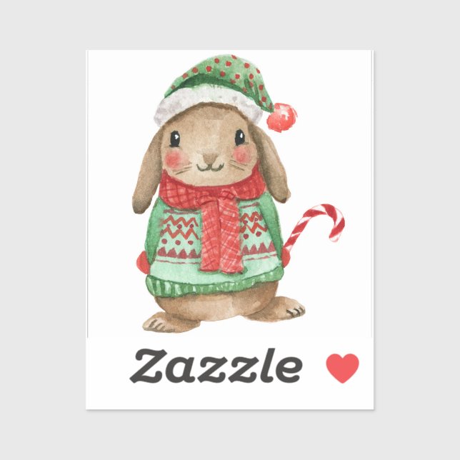 Sticker Lapin de Noël festif avec canne à bonbon (Feuille)