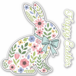 Sticker Lapin de Pâques aux fleurs sauvages roses et bleue