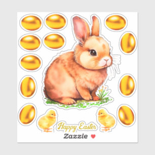 Sticker Lapin de Pâques beige doré et œufs dorés