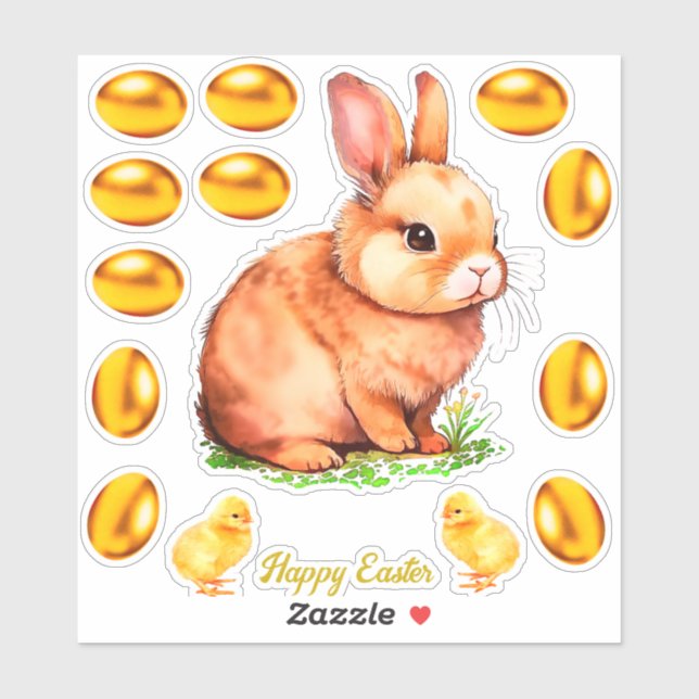 Sticker Lapin de Pâques beige doré et œufs dorés (Feuille)