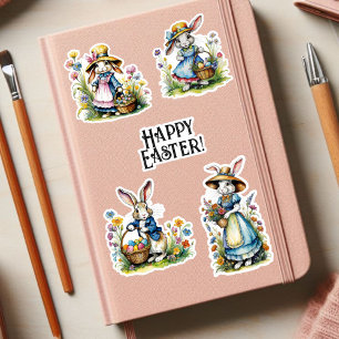 Sticker Lapin de Pâques Floral Fantaisiste Aquarelle Vinta